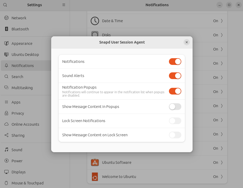 Snapd User Session Agent Gnome Notification Settings